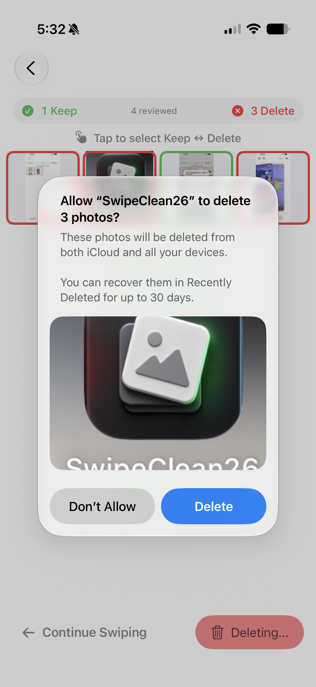 iOS asks you to confirm a deletion. The app then deletes the photo.