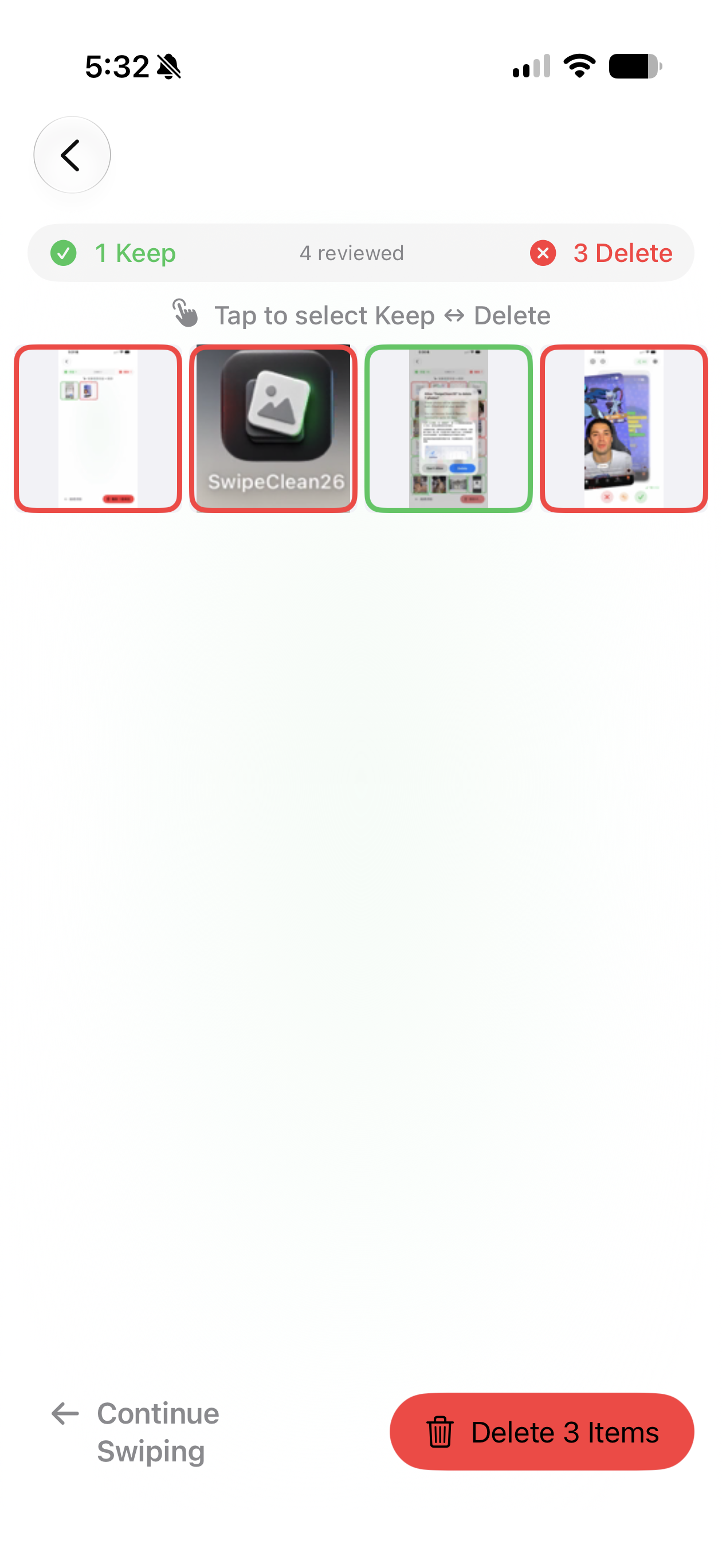 The review list shows a kept photo and a photo marked for deletion.