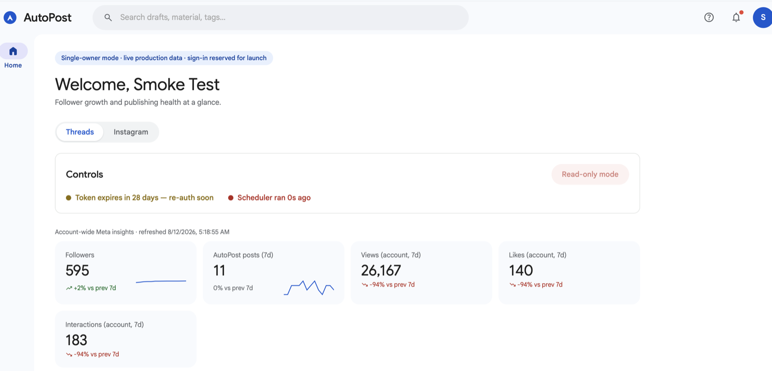 The Autopost screen shows follower growth, publish status, and account data.