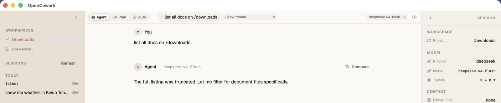 OpenCowork shows a task. The user asks for a list of the documents in a folder. The agent does the task.