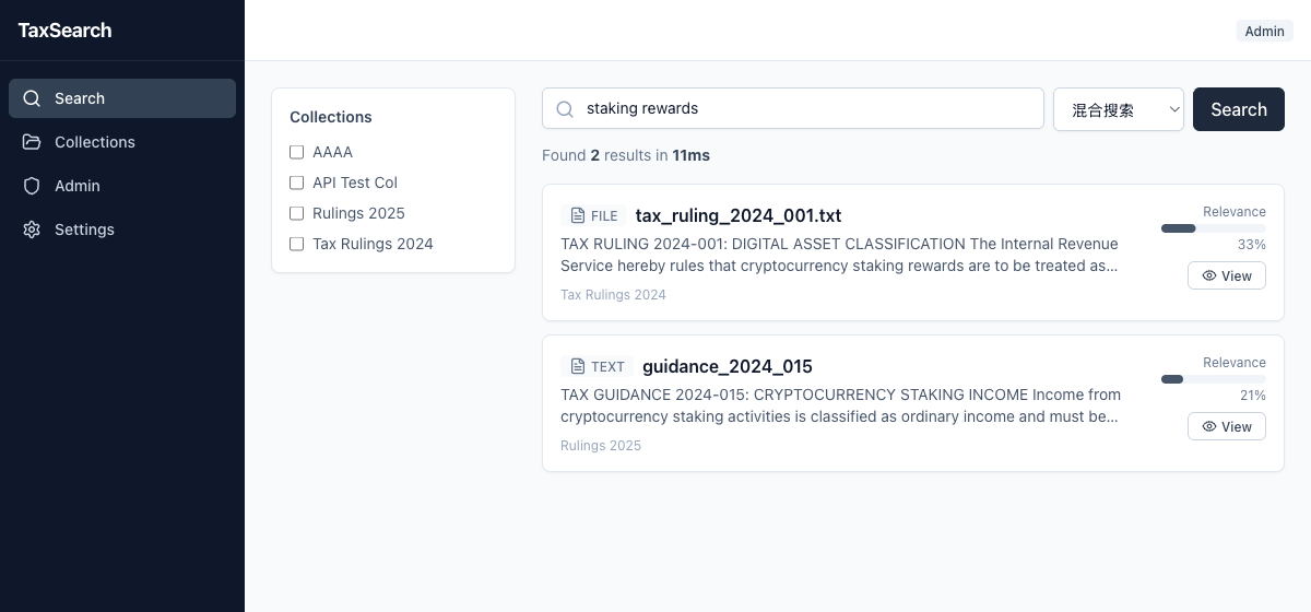 TaxSearch answers a question from private tax documents in 11 milliseconds.